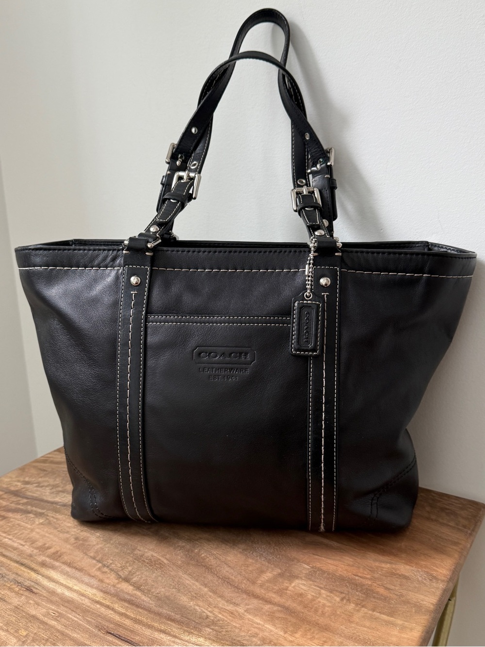 Coach Vintage Black Leather Gallery East West Tote - Contrast Stitching